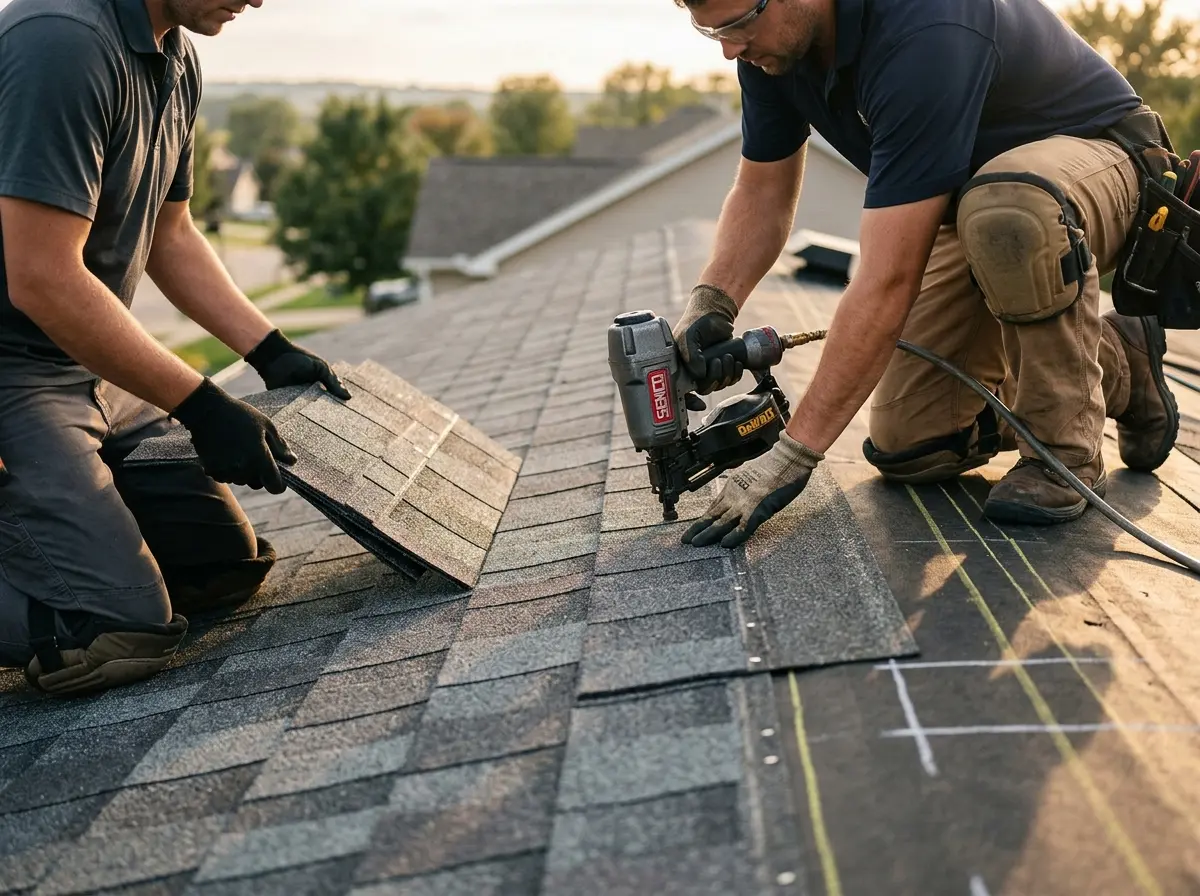 Professional roofer working on a residential roof in Smithville